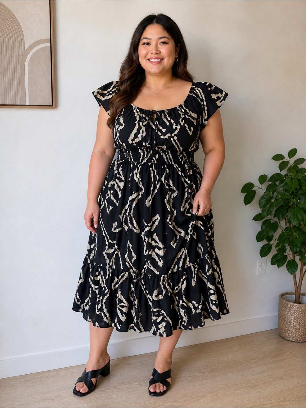Nine West Black Midi Dress with Cream Abstract Print